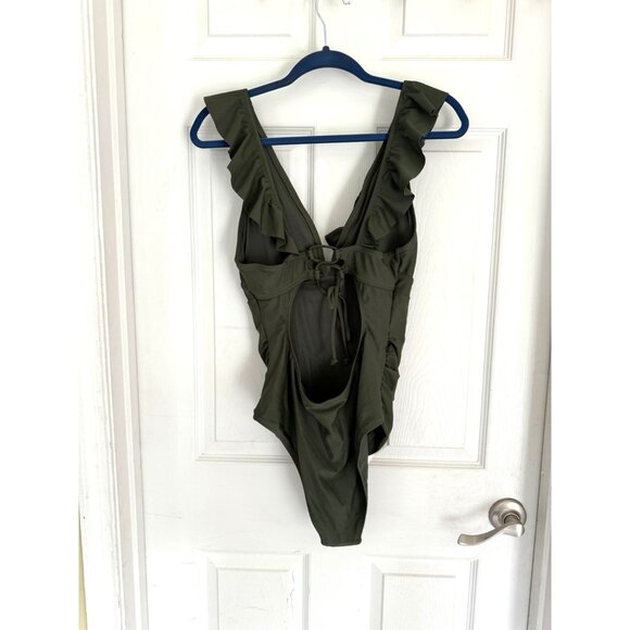 Cupshe Green One Piece Swimsuit Ruffle Vneck Ruched Back Cutout Cheeky NEW XL - Picture 2 of 12